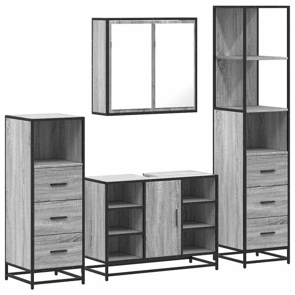 vidaXL 4-tlg. Badm&ouml;bel-Set Grau Sonoma Holzwerkstoff