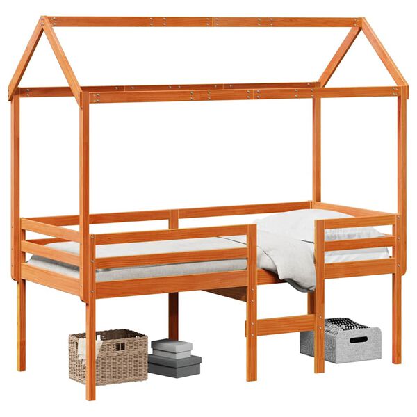 vidaXL Hochbett mit Dach Wachsbraun 90x190 cm Massivholz Kiefer