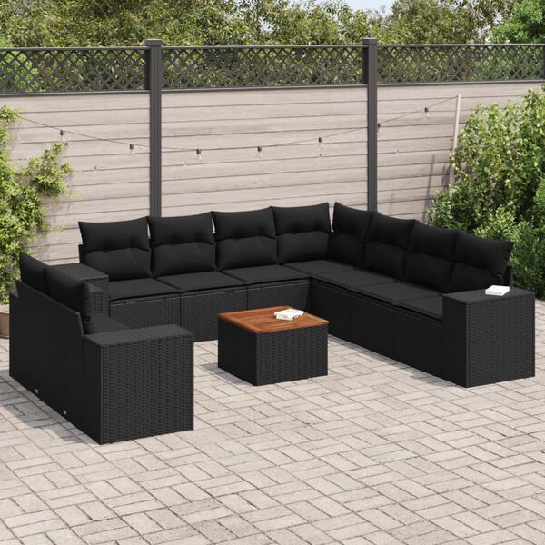 vidaXL 10-tlg. Garten-Sofagarnitur mit Kissen Schwarz Poly Rattan