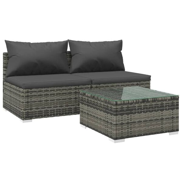 vidaXL 3-tlg. Garten-Lounge-Set mit Kissen Poly Rattan Grau