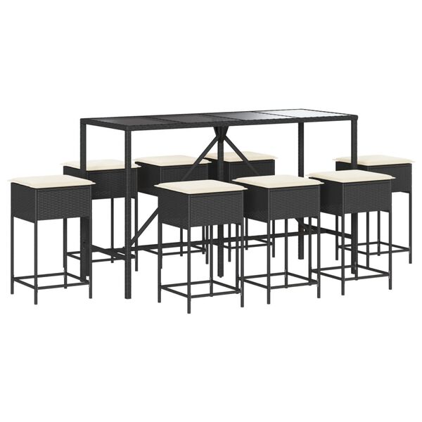 vidaXL 9-tlg. Gartenbar-Set mit Kissen Schwarz Poly Rattan