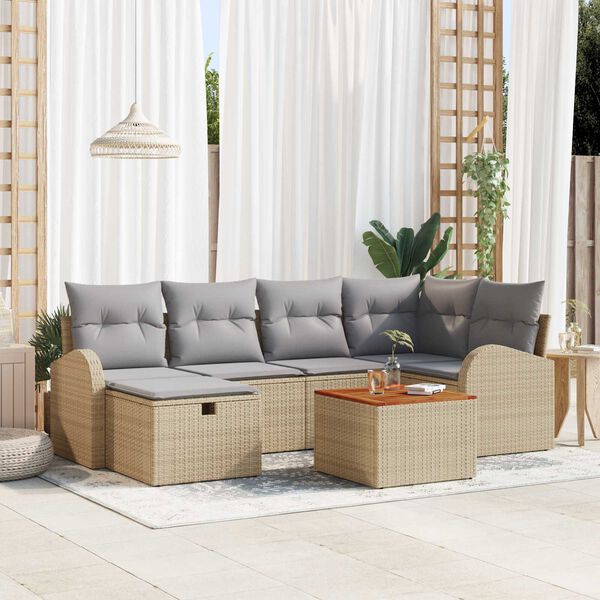 vidaXL Garten-Sofa-Set mit Kissen mit Speicher 7 pcs Beige Poly Rattan