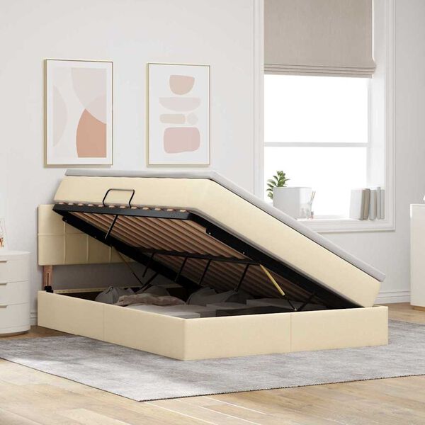 vidaXL Bett mit Stauraum und LED mit Matratze Creme 140 x 190 cm Stoff