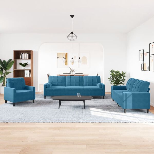 vidaXL 3-tlg. Sofagarnitur mit Kissen und Nackenrollen Blau Samt