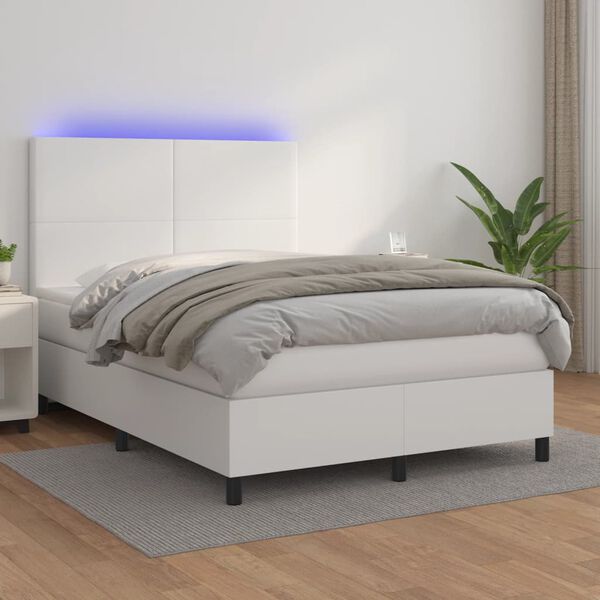 vidaXL Boxspringbett mit Matratze & LED Wei&szlig; 140x200 cm Kunstleder