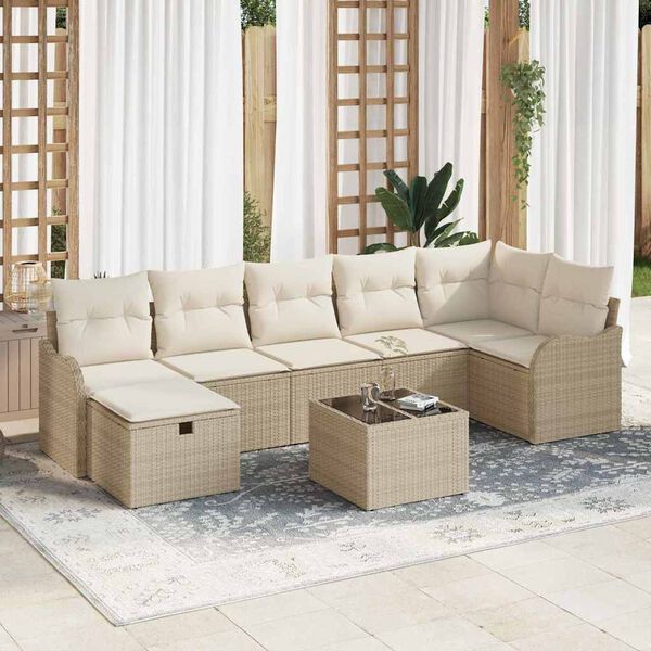 vidaXL Garten-Sofa-Set mit Kissen mit Speicher 8 pcs Beige Poly Rattan