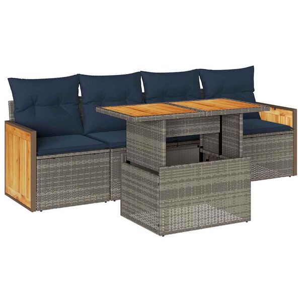 vidaXL 5-tlg. Garten-Sofagarnitur mit Kissen Grau Poly Rattan Akazie