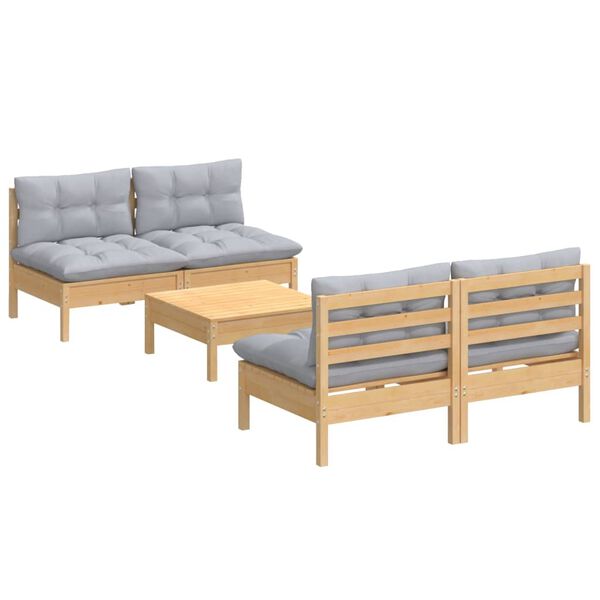 vidaXL 5-tlg. Garten-Lounge-Set mit Grauen Kissen Kiefernholz