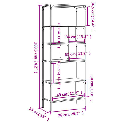 vidaXL Bücherregal 5 Böden Räuchereiche 76x33x188,5 cm Holzwerkstoff