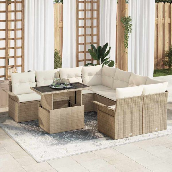 vidaXL Garten-Sofa-Set mit Kissen 9 pcs Beige Poly Rattan