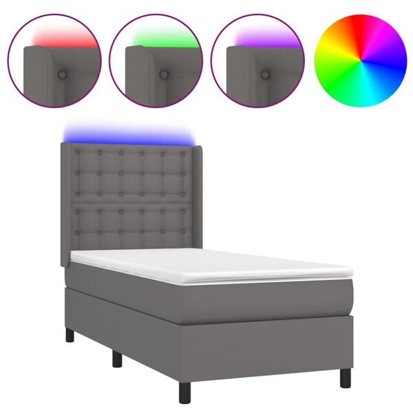 vidaXL Boxspringbett mit Matratze & LED Grau 90x200 cm Kunstleder
