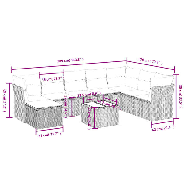 vidaXL 9-tlg. Garten-Sofagarnitur mit Kissen Braun Poly Rattan