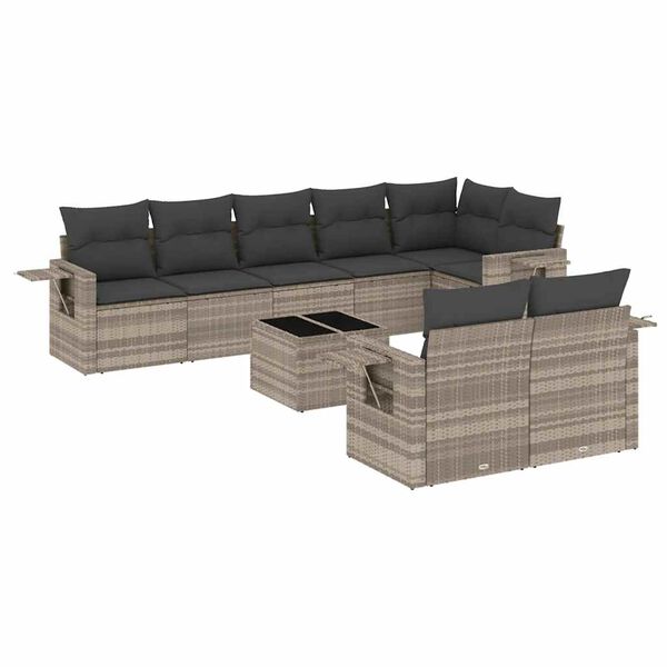vidaXL 9-tlg. Garten-Sofagarnitur mit Kissen Hellgrau Poly Rattan