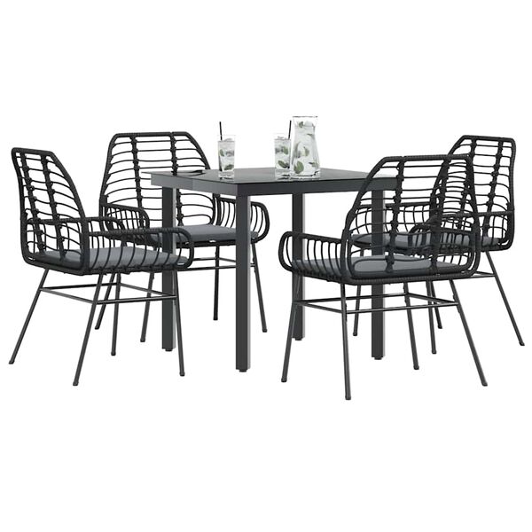 vidaXL 5-tlg. Garten-Essgruppe mit Kissen Schwarz Poly Rattan Glas