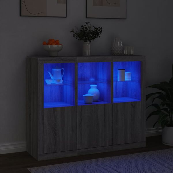 vidaXL Sideboards mit LED-Leuchten 3 Stk. Grau Sonoma Holzwerkstoff
