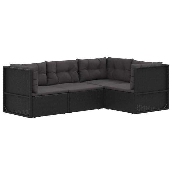 vidaXL 4-tlg. Garten-Lounge-Set mit Kissen Schwarz Poly Rattan