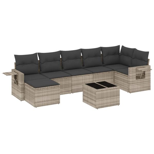 vidaXL 8-tlg. Garten-Sofagarnitur mit Kissen Hellgrau Poly Rattan