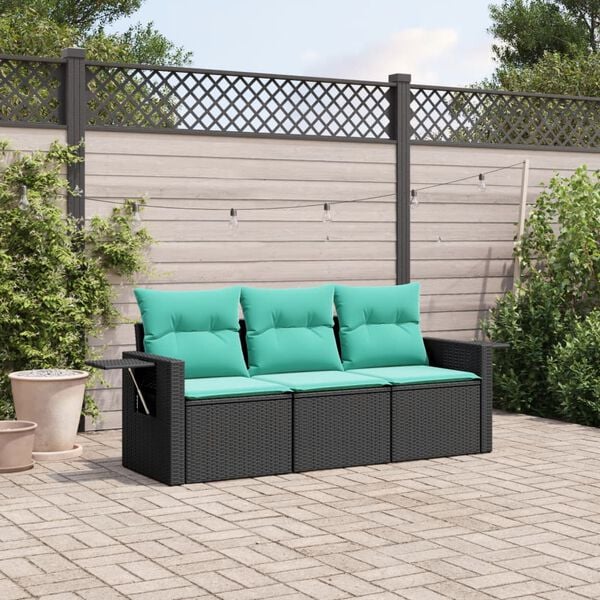 vidaXL 3-teiliges Gartensofa-Set mit Kissen, schwarzes Polyrattan