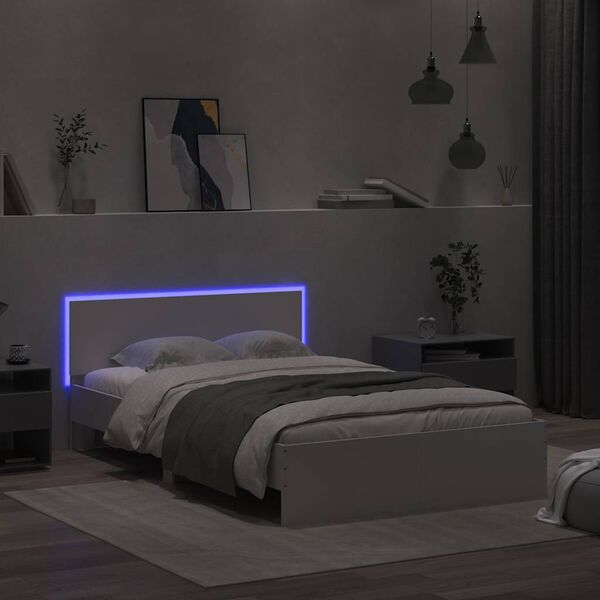 vidaXL Bettgestell mit Kopfteil LED-Beleuchtung Wei&szlig; 140x200 cm