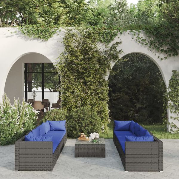 vidaXL 9-tlg. Garten-Lounge-Set mit Kissen Poly Rattan Grau