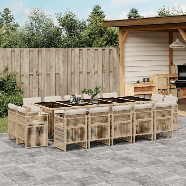 vidaXL 15-tlg. Garten-Essgruppe mit Kissen Beige Poly Rattan