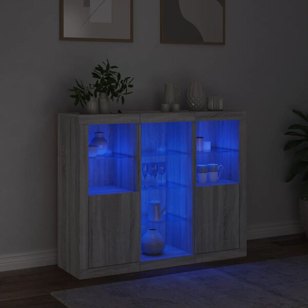 vidaXL Sideboards mit LED-Leuchten 3 Stk. Grau Sonoma Holzwerkstoff