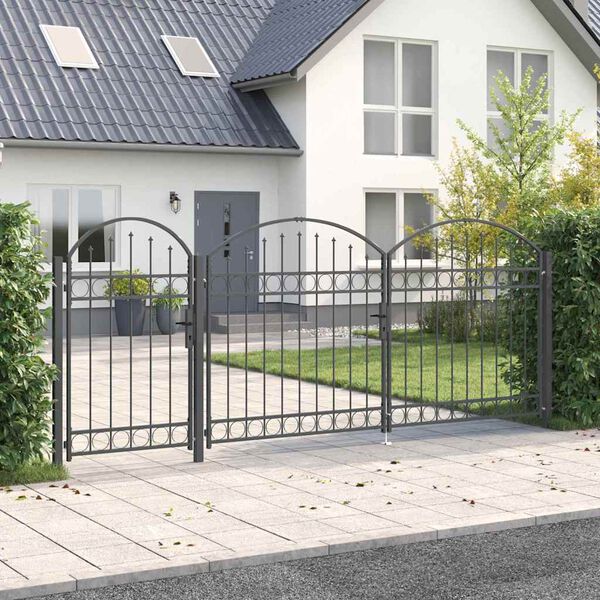 vidaXL Gartentor mit gew&ouml;lbtem Oberteil Grau 400 x 100 cm Stahl