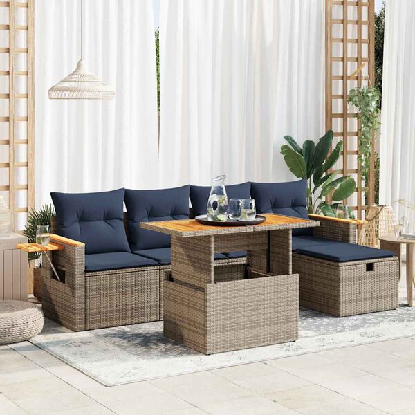 vidaXL 6-tlg. Garten-Sofagarnitur mit Kissen Grau Poly Rattan Akazie
