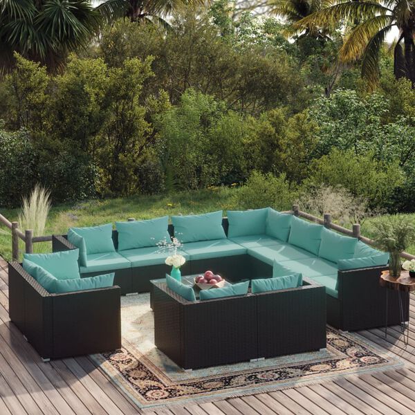 vidaXL 12-tlg. Garten-Lounge-Set mit Kissen Schwarz Poly Rattan