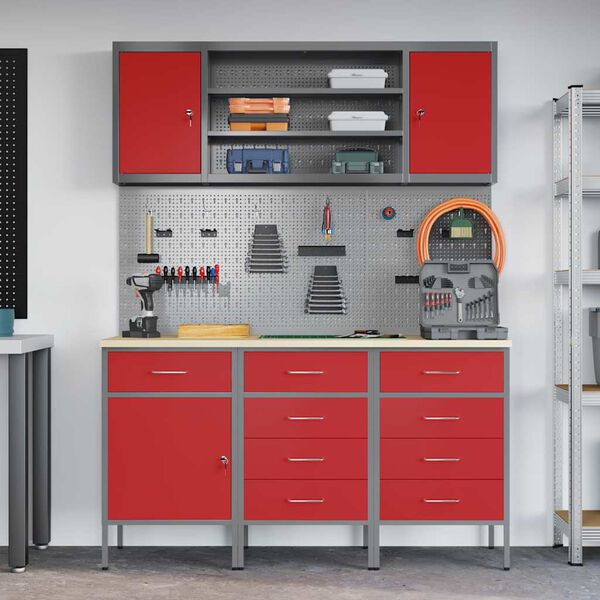vidaXL Werkbank mit Schubladen 7 pcs Rot Ingenieure Holz und Stahl
