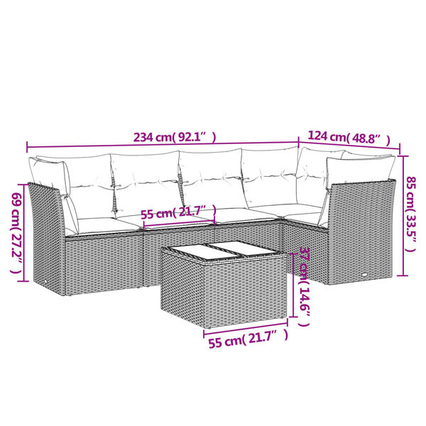 vidaXL 6-tlg. Garten-Sofagarnitur mit Kissen Schwarz Poly Rattan