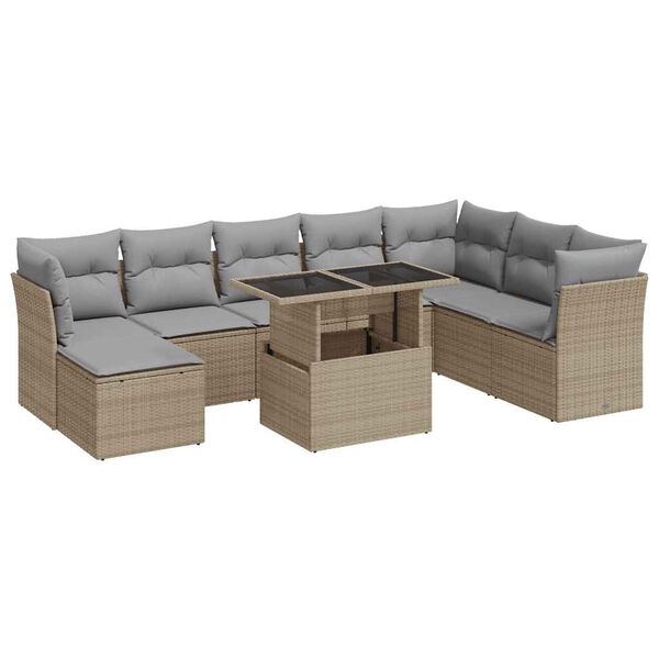 vidaXL 9-tlg. Garten-Sofagarnitur mit Kissen Beige Poly Rattan