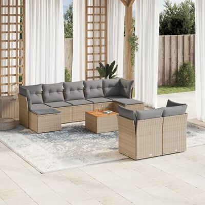 vidaXL 10-tlg. Garten-Sofagarnitur mit Kissen Beige Poly Rattan