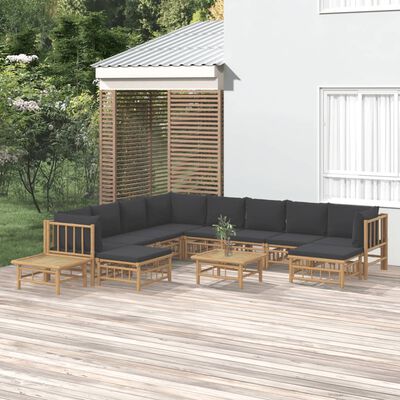 vidaXL 12-tlg. Garten-Lounge-Set mit Dunkelgrauen Kissen Bambus