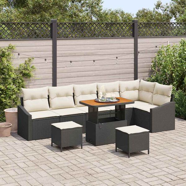 vidaXL Garten-Sofa-Set mit Kissen mit Speicher 9 pcs Schwarz und Creme