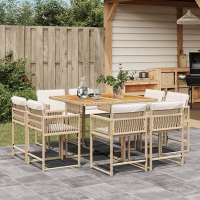 vidaXL 9-tlg. Garten-Essgruppe mit Kissen Beige Poly Rattan