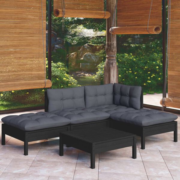 vidaXL 5-tlg. Garten-Lounge-Set mit Kissen Schwarz Kiefernholz
