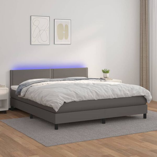 vidaXL Boxspringbett mit Matratze & LED Grau 160x200 cm Kunstleder