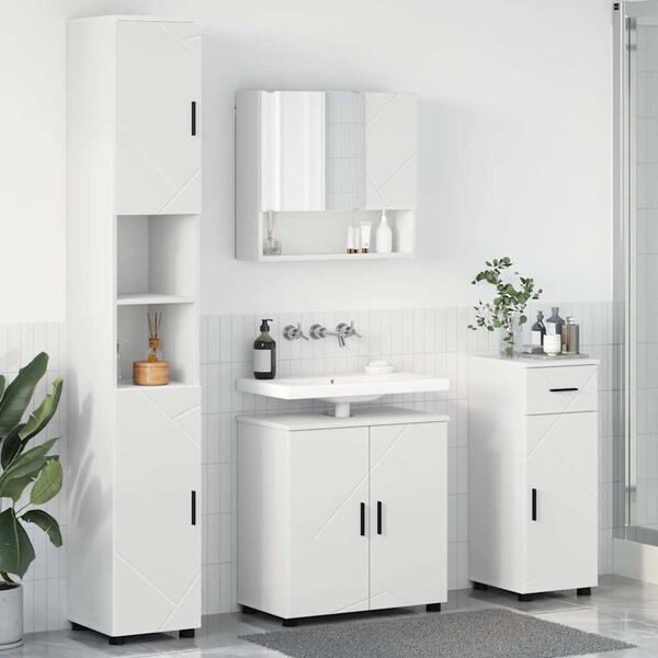 vidaXL Badezimmerm&ouml;bel-Set mit T&uuml;r 4 pcs Wei&szlig; Holzwerkstoff & Metall