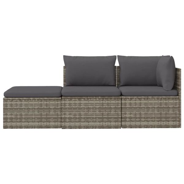 vidaXL 3-tlg. Garten-Lounge-Set mit Kissen Grau Poly Rattan