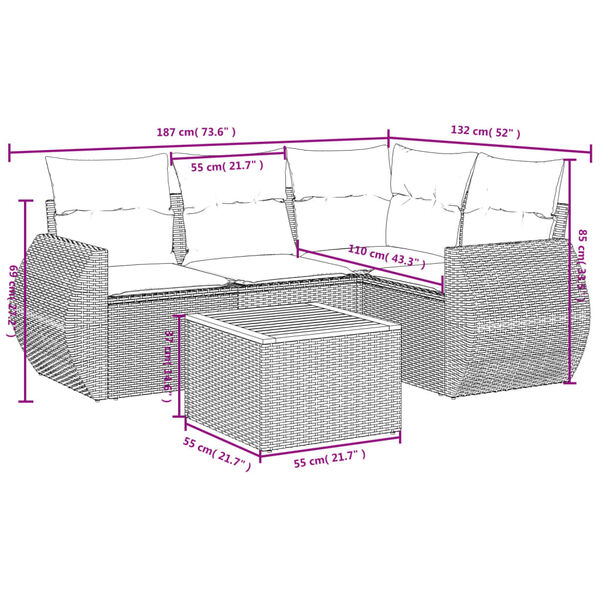 vidaXL 5-tlg. Garten-Sofagarnitur mit Kissen Grau Poly Rattan