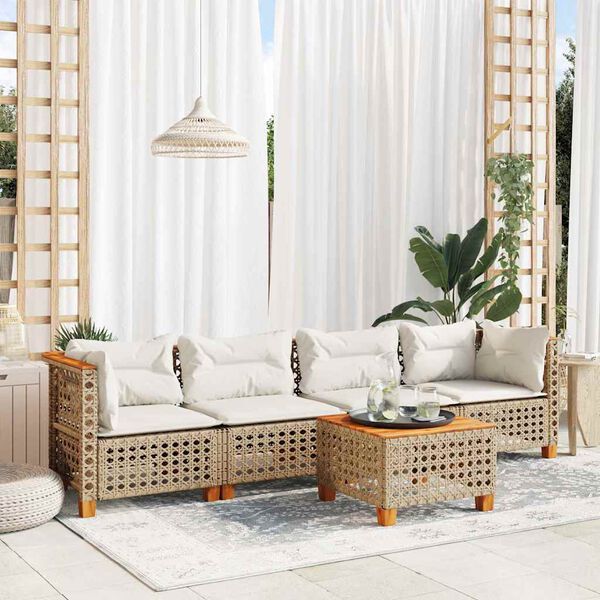 vidaXL 5-tlg. Garten-Sofagarnitur mit Kissen Beige Poly Rattan