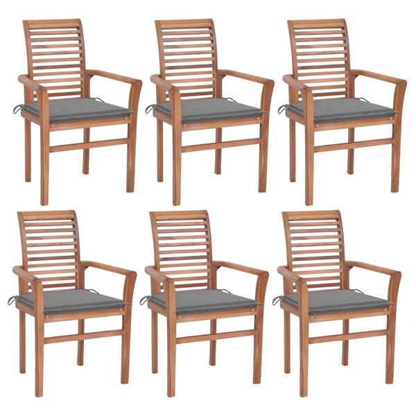 vidaXL Essst&uuml;hle 6 Stk. mit Grauen Kissen Massivholz Teak