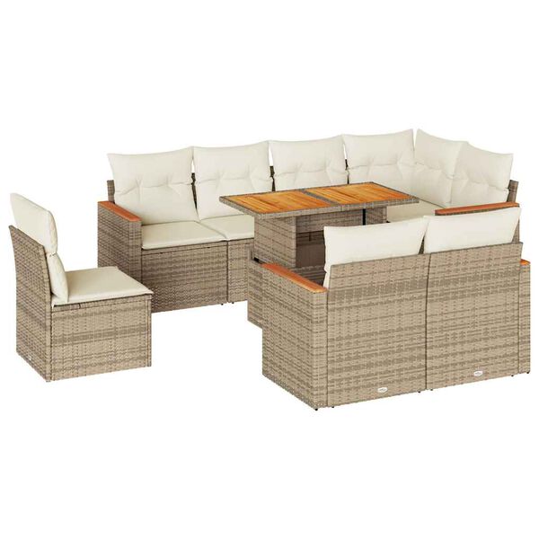 vidaXL 9-tlg. Garten-Sofagarnitur mit Kissen Beige Poly Rattan Akazie