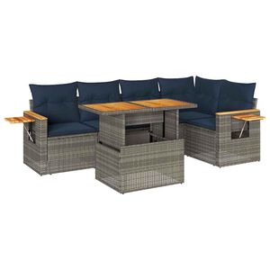 vidaXL 6-tlg. Garten-Sofagarnitur mit Kissen Grau Poly Rattan Akazie