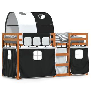 vidaXL Etagenbett mit Vorh&auml;ngen Wei&szlig; Schwarz 90x200 cm Kiefernholz