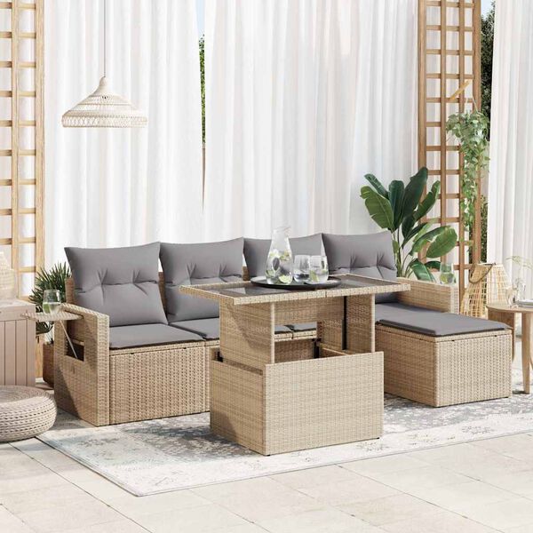 vidaXL 6-tlg. Garten-Sofagarnitur mit Kissen Beige Poly Rattan