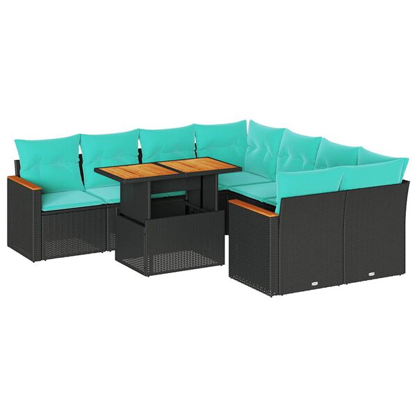 vidaXL 9-tlg. Garten-Sofagarnitur mit Kissen Schwarz Poly Rattan