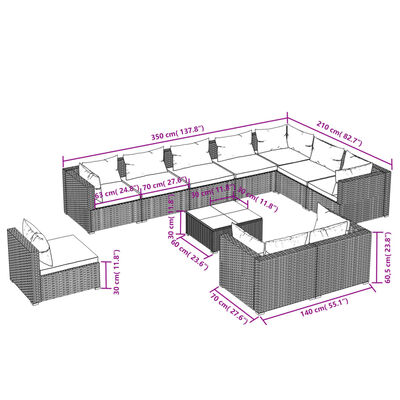 vidaXL 11-tlg. Garten-Lounge-Set mit Kissen Poly Rattan Grau