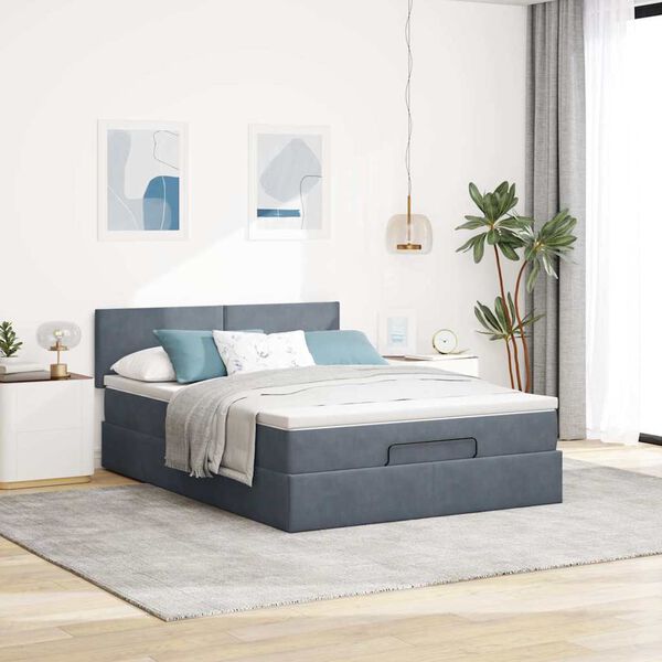 vidaXL Ottoman-Bett mit Matratze & LEDs Dunkelgrau 140x190 cm Samt
